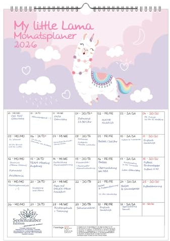 My little Lama Planer DIN A3 Kalender für 2026 Lama Alpaka - Geschenkset Inhalt: 1x Kalender 1x Weihnachtsanhänger 1x Grußanhänger (gesamt 3 Teile)