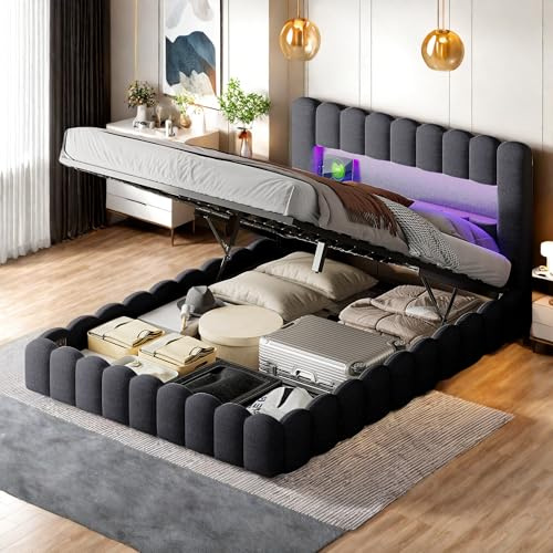 Polsterbett Bubble Bett 160 x 200 cm, Doppelbett mit Hydraulisch Stauraum, Stauraumbett mit USB-Ladefunktion und LED-Beleuchtung, Bettgestell Bett mit Lattenrost Jugendbett,Ohne Matratze, Grau