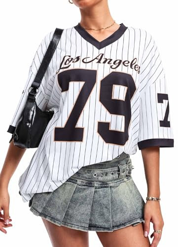 Navneet Damen Jersey Shirt Y2K Trikot Gestreift Oversize Tshirt Sommer Baggy Longshirt Kurzarm Football Streetwear Schwarz M
