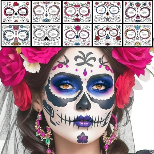 joonnair 10 Stück Tag der Toten Gesichtstattoos - Temporäre Tattoos mit Totenkopf, Rosen Wasserdicht für Halloween, Karneval, Dia de los Muertos - Damen, Herren, Kinder (Mehrfarbig)