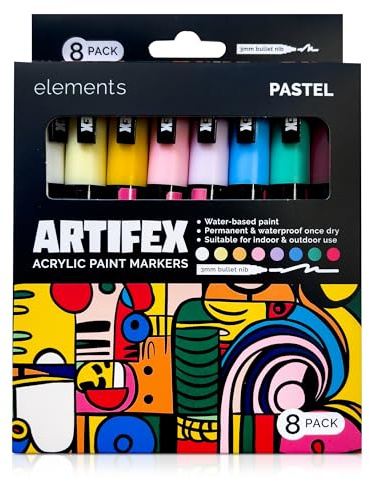 Elements Artifex Acrylic Paint Markers Set – 8 Pastel Colours with 2–3 mm Bullet Nibs, Water-Based Fast-Dry Ink for Craft Projects