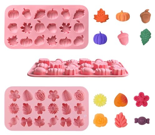 MSLSOZ Lot de 2 moules à chocolat en silicone à 18 cavités, en forme de fleur mignonne et citrouille, feuille d'érable, moules à chocolat réutilisables, pour chocolat, bonbons, glaçons, gelée.