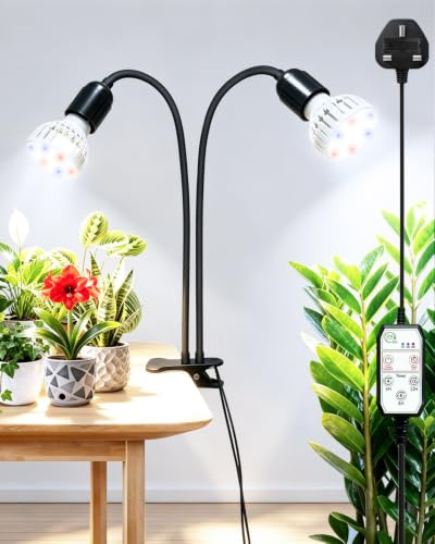 Grow Lights for Indoor Plants, Grow Bulb for Seedlings, Succulents (2-Head) | 2400lm Full Spectrum Plant Light Indoors with Clip, Replaceable E27 LED Bulb, 360° Adjustable Gooseneck, 4/8/12 Hrs Timer