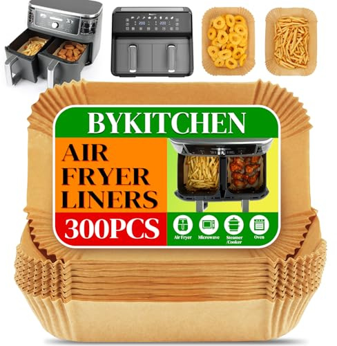 BYKITCHEN Disposable Air Fryer Paper Liners for Ninja Dual, 300 Count | Rectangular Parchment Paper Airfryer Accessories, For Ninja Af400uk/af300uk, 9L Drawers, Also Compatible with Keplin Baskets