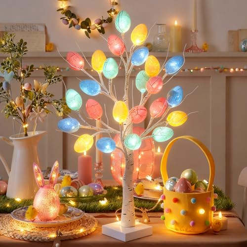LED Osterbaum mit Beleuchtung-Neuer Ostereierbaum für Osterdeko Innen & Außen,Künstlicher Lichterbaum mit 24 bunten Ostereiern,Batteriebetrieben Osterbaum & USB für Tisch Deko（Zerbrochene Eierschale）