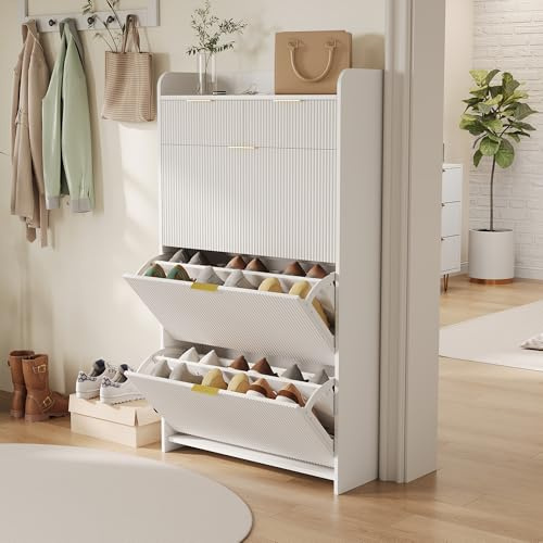 Plcnn Meuble à chaussures Slim, avec 2 tiroirs et 3 portes à rabat, étagère à chaussures avec étagères réglables, pour 12 – 18 paires de chaussures, pour entrée, couloir, salon 77 x 24 x 133 cm