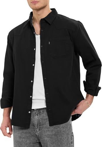 by Spruce Overshirt Langarm Hemdjacke mit Druckknöpfen & Brusttasche Lässiges Shirt für Freizeit Übergang Schwarz L