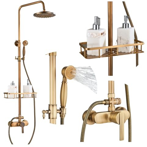 Duschsystem Retro mit Regendusche und Ablage, Duscharmatur Set zur Wandmontage aus Messing mit Handbrause, Brausestange und Keramikventil für Badezimmer (Messing)