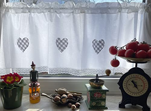 Bistrogardine Kurzgardine Weiß Herz Karo mit Spitze 100% Leinen und Baumwolle 140 x 42 cm Landhaus Shabby Retro