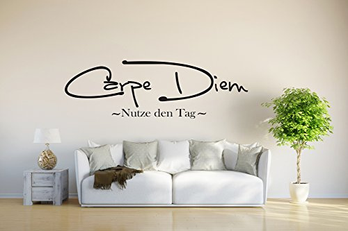 INDIGOS UG - Wandtattoo Wohnzimmer - Wandaufkleber Carpe Diem - schwarz - 96x30 cm - Aufkleber Kinderzimmer Schlafzimmer Küche Badezimmer Büro Dekoration