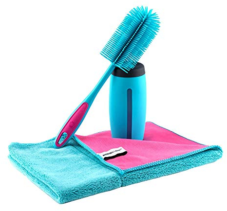 Kochblume Reinigungs-Set | Silikon Spülbürste & Dosierspender & Geschirrtuch 60x40cm | Premium-Silikon und extra saugfähige Fasern | Poliertuch | Dosieröffnung und Sichtfenster | Farbe: türkis