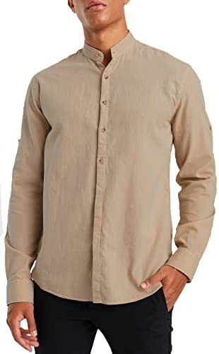 Leif Nelson Herr linneskjorta kortärmad sommar t-shirt ståkrage 100 % bomull män fritidsskjorta smal passform kortärmad skjorta pojkar basic skjorta långärmad tröja fritid tröja sommarskjorta LN3860, Beige, L