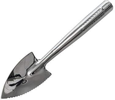 Esschert Design Zimmerpflanzen- Schaufel aus Edelstahl, 4,3 x 2,2 x 22,2 cm, Blumen-Schaufel mit gezackter Seite, Garten Werkzeug