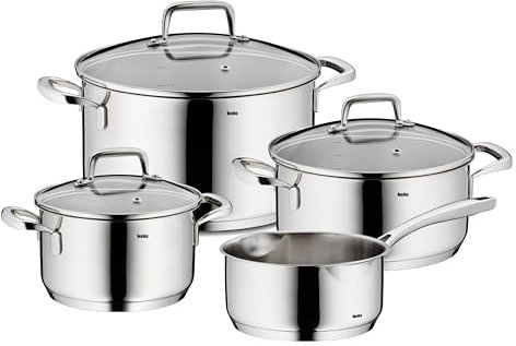 kela Kochtopf-Set Flavoria, 4-teilig, Edelstahl 18/10, Allherdboden, Glasdeckel mit Dampfloch, hitzebeständig bis 180° C mit Deckel, bis 220° C ohne Deckel, 10201