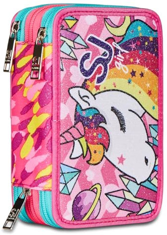 SJ GANG Federmäppchen, Mäppchen, mehrfarbig, Federtasche für Schreibwaren, Etui mit Stiften, Kugelschreiber, & mehr, Kinder, Mädchen & Jungen, Grundschule, 3 Fächer; Tiere rosa/himmelblau