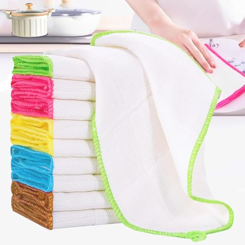 WDEC 10 Pièces Serviette De Cuisine en Fibre De Bambou, Chiffons de Nettoyage Écologiques, Chiffon pour Vaisselle, Chiffons Absorbants pour Le Ménage, Lingettes Bambou Lavables en Machine 30 x 30cm