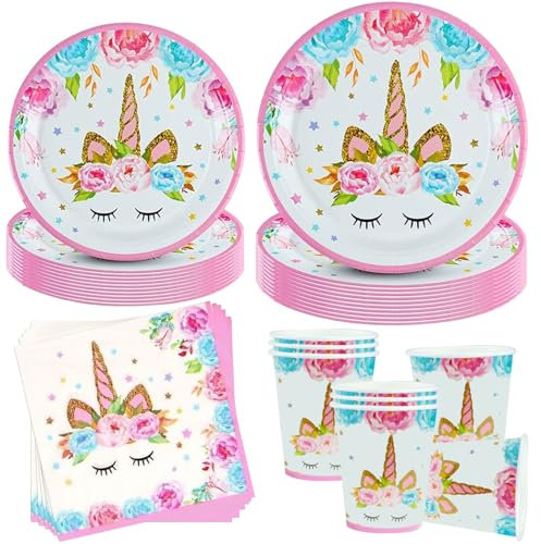 Sunshine smile Einhorn Geschirr Set,50 Stück Einhorn Teller Becher,Einhorn Party Deko,Einhorn Party Set,Einhorn Teller und Becher Set,Dekorationen Geburtstage Einhorn,Kindergeburtstag Zubehör