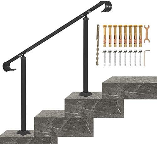 VEVOR Wrought Iron Handrail, Fit 2 or 3 Steps Outdoor Stair Railing, Adjustable Front Porch Hand Rail, Black Transitional Hand railings for Concrete Steps or Wooden Stairs with Installation Kit