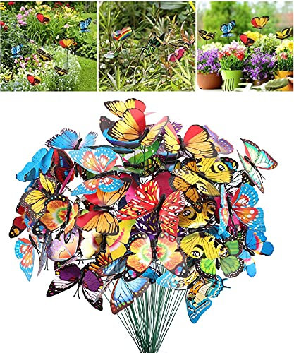 50PCS Colorful Garden Butterflies, Outdoor Waterproof Butterfly Ornaments on Sticks Garden Wall Art Decorative for Plant Decoration, Outdoor Yard, Garden Decor