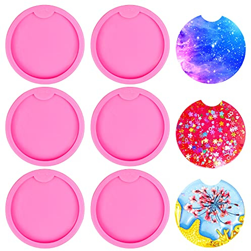 Jmkcoz 6 Pcs Silicone Car Coasters Mold Keychain Pendant Mold DIY Round Cup Coaster Molds Epoxy Resin Casting Mold for Crafts Homemade Coaster, Drink Coasters, Cup Mats, Home Decoration