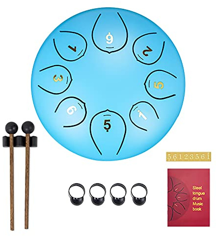 SONARIN Zungentrommel Steel Tongue Drum 8 Noten 6 Zoll,StahlZungentrommel Percussion Instrument Handpan Drum mit Reisetasche,2 Drumsticks,Musikbuch,4 Fingerabdeckung,für Meditation Yoga(Hellblau)