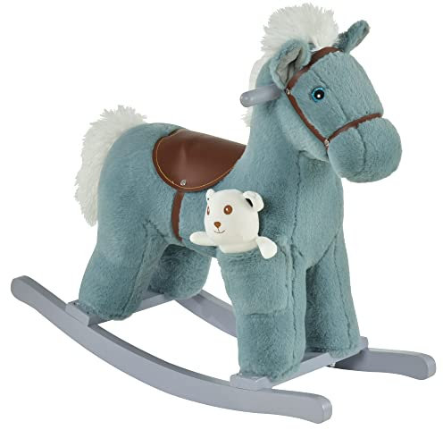 HOMCOM- Caballito Balancín para Niños de +3 Meses Madera, Color Azul (330-118BU)