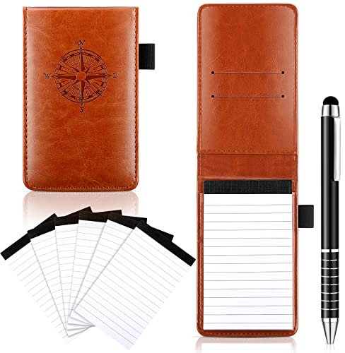 Teling 8-teiliges Mini-Notizblockhalter-Set, Leder-Notizblockhalter mit 50 linierten Blättern, Metallstiften und 6 Notizbüchern, 7,6 x 12,7 cm, 30 liniertes Papier pro Block für Büro (Braun, Kompass)