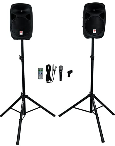 Rockville RPG102K Dual 10 Powered DJ/PA Speaker System, 1000W Peak, Bluetooth/USB/SD, Wired Mic, Stands, Remote, for DJs, Karaoke, Parties, and Live Music