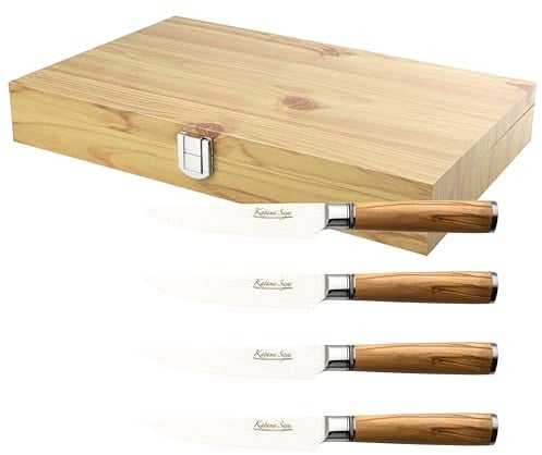 Katana Saya Olive Wood 4 Piece Steak Knife Set, 4X 9cm Serrated Steak Knives, Kitchen Knife Set, Japanese VG-10 Damascus Stainless Steel, Natural Olive Wood Handle