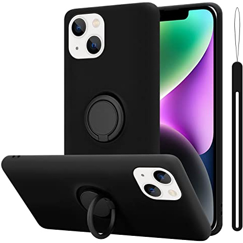 Cadorabo Hülle kompatibel mit Apple iPhone 14 Schutzhülle TPU Silikon Case Liquid Design mit Ring Slim Kratzfest Liquidsilikon Microfaser mit Rundumschutz Case Hülle für iPhone 14 in Schwarz