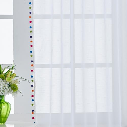 Treatmentex Boho Gardinen mit bunten Pompons Gardinen Ösen 140 cm Breite Transparent Gardinen mit Quasten Gardinen Voile Ösenschal Dekoschal für Wohnzimmer Schlafzimmer,2 Stücke(140 x225 cm,Weiß)