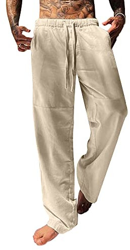 YAOBAOLE Pantalon Homme Lin Pantalon Ete Homme Pantalons Detente Hommes Pantalons Yoga Hommes Coton Kaki M