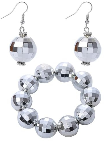 Garneck Disco-Ball Armband Set Mit 2 Ohrhängern Silber Partyschmuck Für Damen Kreatives Kostüm-Accessoire Für 70Er-Jahre Tanzparty Festival Bühnenauftritt Und Feier