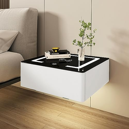 ZDMZR Modern Floating Bedside Nightstand with Drawer, Wall Mounted, Smart LED Nightstand (Bianco, 48cm/18.9in)