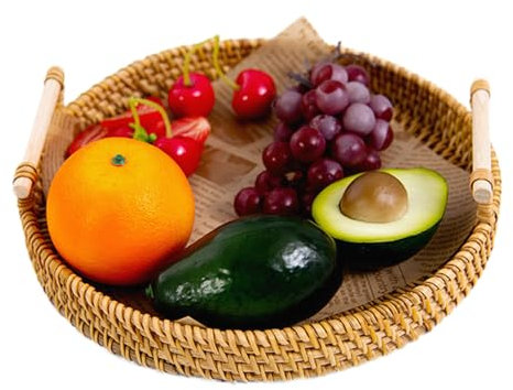 Bandeja de Mimbre Redonda para Servir con Asas, Cesta Tejida a Mano Bandeja Organizadora Decorativa Cesta Natural para Almacenamiento de Pan, Fruta, Postre, Aperitivos(11x1.57Inch)