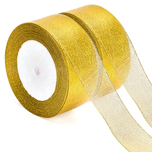 KINGLAKE Geschenkband Gold 44M,Weihnachtenband Organza,Schleifenband 4cm,Dekorativ Satinband Geeignet für Geschenk Verpackungen,Weihnachts und Hochzeitsdekoration,Handgefertigt