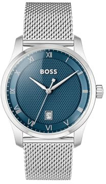 BOSS Uhr mit DREI-Zeiger-Quarzwerk für Herren Kollektion Principle mit Silbernes Edelstahl-Mesh-Gliederarmband - 1514115