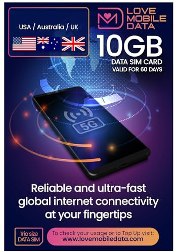 Love Mobile Data Only Sim Card - International Multi-Network 4G/5G Prepaid Pay As You Go Data Sim for Mobile Phones, WiFi Routers, & More, Australia & New Zealand - 10GB for 60 Days