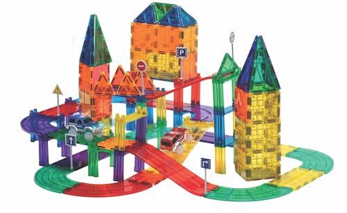 Playmags 200-teiliges Set mit magnetischen Fliesen, Rennstrecke, inklusive 2 motorisierten Rennwagen, für Kinder ab 3 Jahren