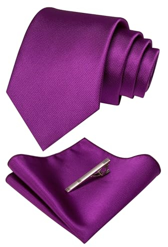 JEMYGINS Corbata de Sarga de Color Sólido para Hombre incluye Pañuelo de Bolsillo y Clip de Corbata Púrpura (2)