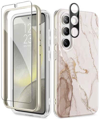 GVIEWIN Compatible with Samsung Galaxy S24 Case 6.2 2024, with Screen Protector+Camera Lens Protector,[21ft Drop Tested] Marble Shockproof Bumper Anti-Scratch Protective Cover,Shweta/White