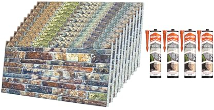 IZODEKOR Lot de 10 panneaux muraux 3D en polystyrène imitation pierre, Pour cuisine, salle de bains, balcon, chambre à coucher, salon, terrasse, Mystère de rêve (10 panneaux avec 4 adhésifs de