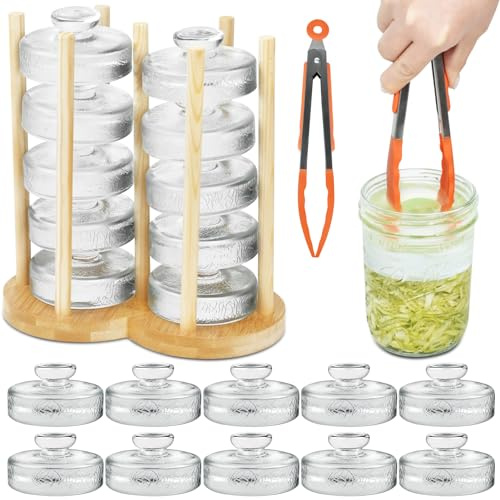 Artcome 10-Pack Glass Fermentation Weights with Easy Grip Handle and Unique Texture Design for Large Wide Mouth Mason Jars - Pickle Pebbles with Glass Weights Organizer - Space Saving Compact Design | Easy Grip Handle & Unique Texture Design - Pickle Pebbles with Glass Weights Organizer - Space Saving Compact Design