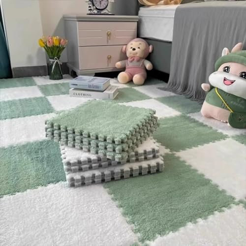 10Pcs 30x30x1cm Plush Foam Puzzle Area Rug, Soft Interlocking Carpet Mats for Bedroom Livingroom Playroom Gym Yoga,Cuttable Floor Mat (Green and White)