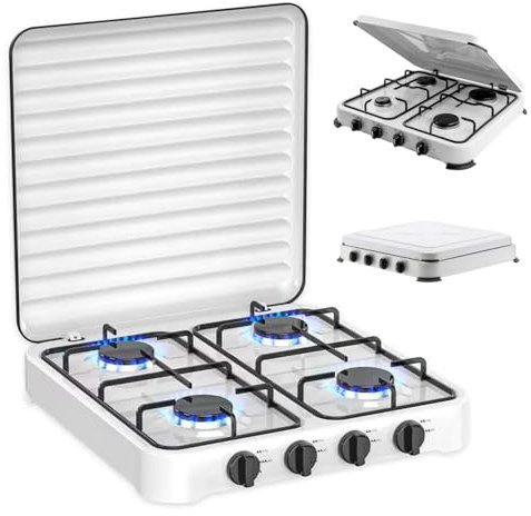 Avilia Fornello in Acciaio Bianco a Gas GPL 4 Fuochi con Coperchio Antipolvere - Ideale per Pic-Nic, Giardino e Campeggio - Portatile e con Piedini Antiscivolo per una Maggiore Sicurezza in Cottura