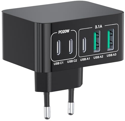 50W USB C Ladegerät, 5-Port Schnellladegerät Stecker Adapter EU, 3 USB-C und 2 USB-A Typ C Lade Stecker Hub für iPhone 15 14 13 12 11 Pro Max XS XR SE, Samsung, iPad, AirPods