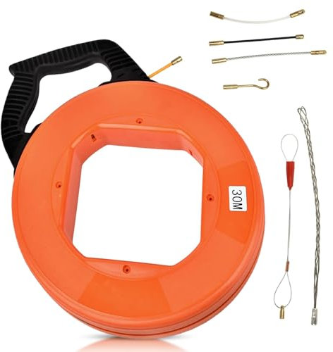 Guia Pasacables, Cable de tracción eléctrica de fibra de vidrio 100 pies/30 m x 4 mm con 6 adaptadores - Resistencia máxima a la tracción 90 kg - Herramienta de tracción de cables