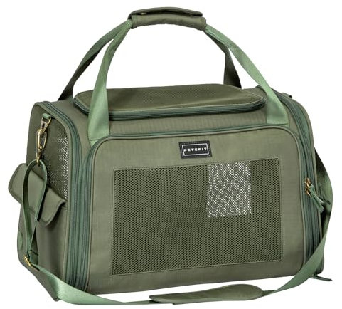Petsfit Transportbox Hund Katze Faltbar Hundetasche für kleine Hunde Katzen Tragetasche mit verstellbarem Schultergurt & weiches expandierbare Kissen, M/Olivgrün