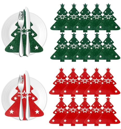 Grantop 20 Stück Besteckhalter Weihnachten,Weihnachten Bestecktasche Zur Dekoration, Besteckhalter Weihnachten Filz,Bestecktasche Tannenbaum für Tischdeko Weihnachten