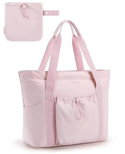 bagsmart Damen Handtasche, Faltbare Einkaufstasche Sporttasche Strandtasche, 20L Reißverschluss Umhängetasche mit Laptopfach für Reisen Arbeit Fitness, Rosa